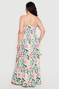 Plus Floral Lemon Print Smocked Strapless Maxi Dress