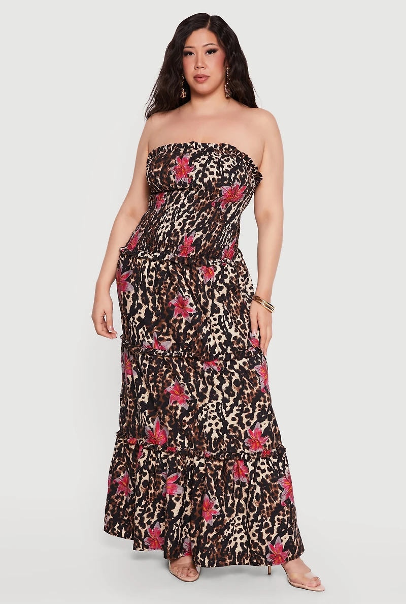 Plus Floral Animal Print Ruffle Tiered Tube Maxi Dress