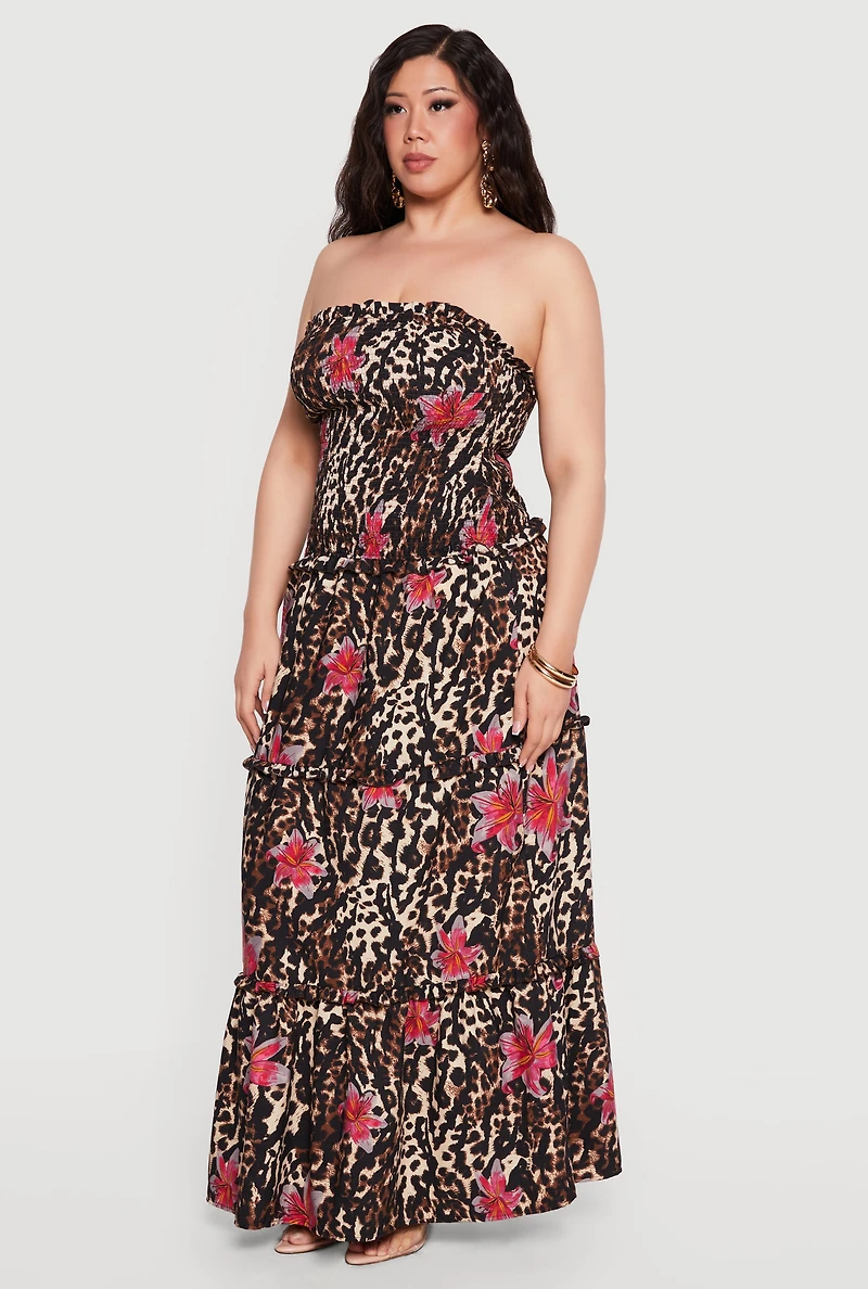 Plus Floral Animal Print Ruffle Tiered Tube Maxi Dress