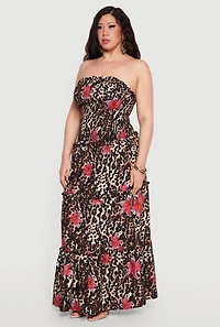 Plus Floral Animal Print Ruffle Tiered Tube Maxi Dress