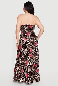 Plus Floral Animal Print Ruffle Tiered Tube Maxi Dress