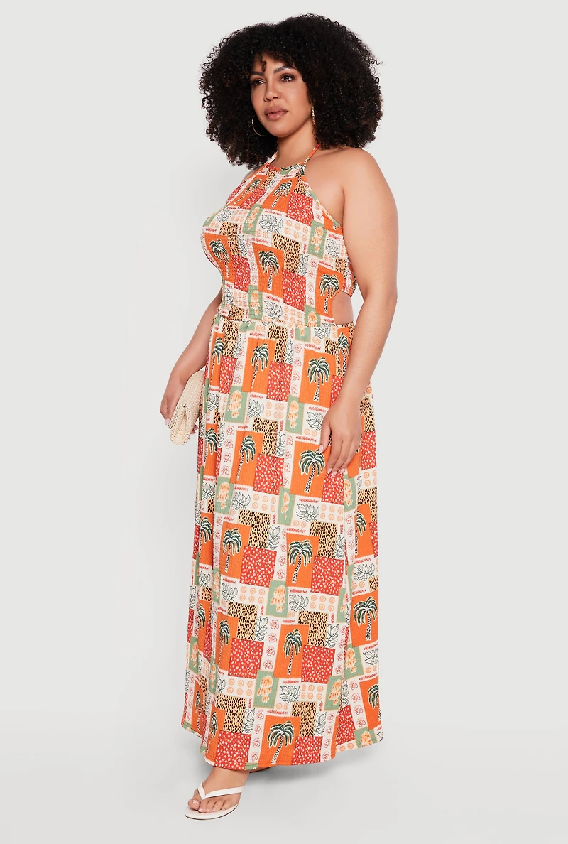 Plus Printed Palm Tree Halter Maxi Sundress