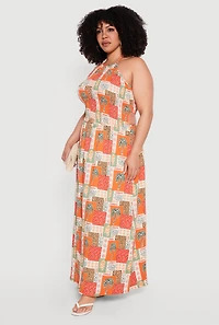 Plus Printed Palm Tree Halter Maxi Sundress
