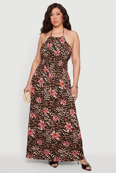 Plus Floral Animal Print Halter Maxi Dress