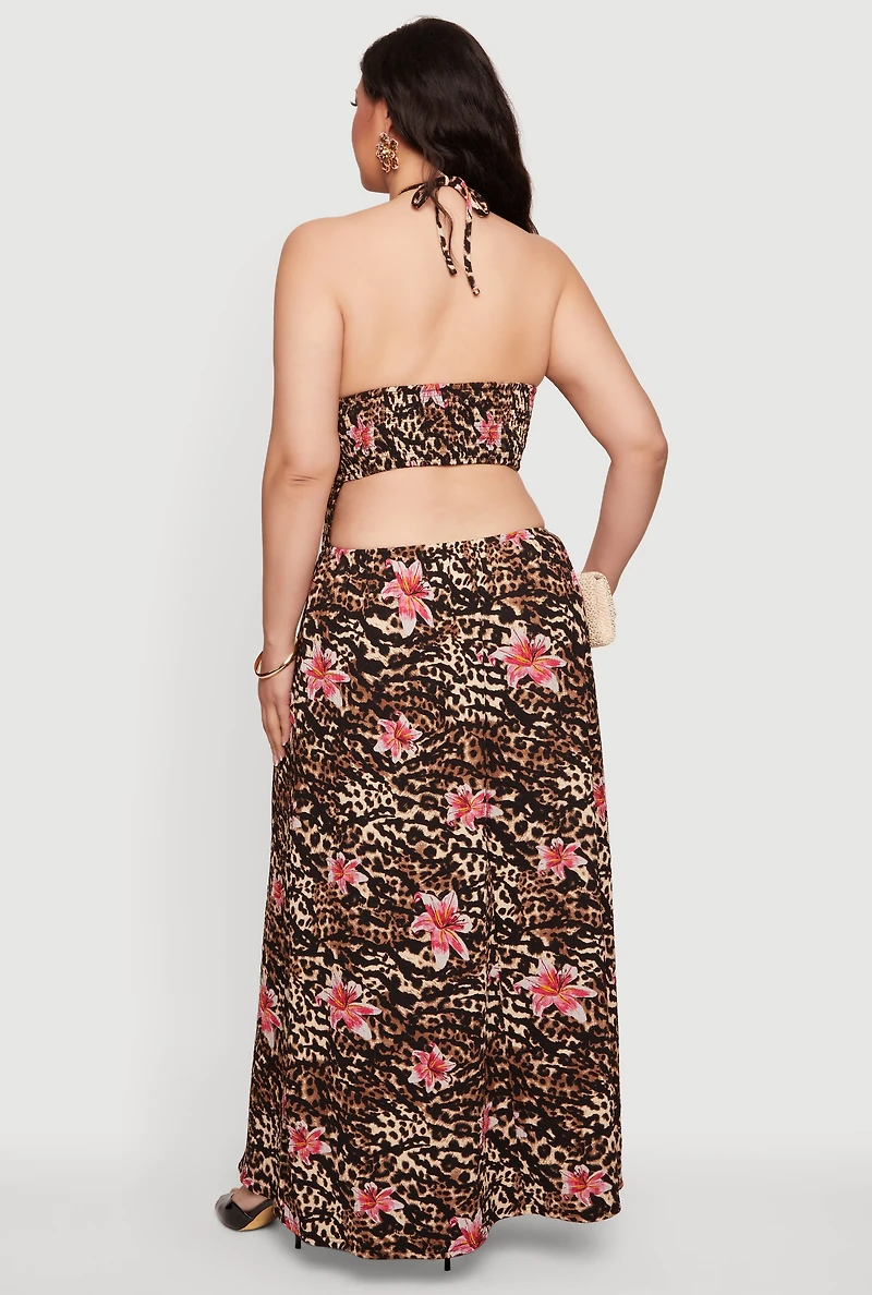 Plus Floral Animal Print Halter Maxi Dress
