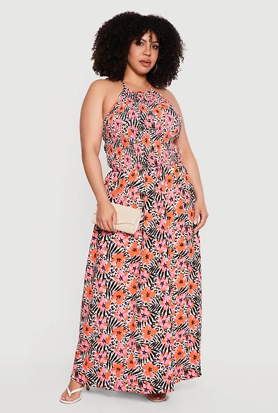 Plus Animal Tropical Floral Print Halter Maxi Dress