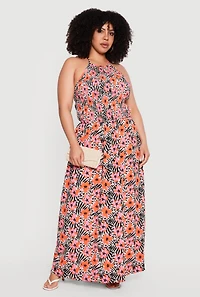 Plus Animal Tropical Floral Print Halter Maxi Dress