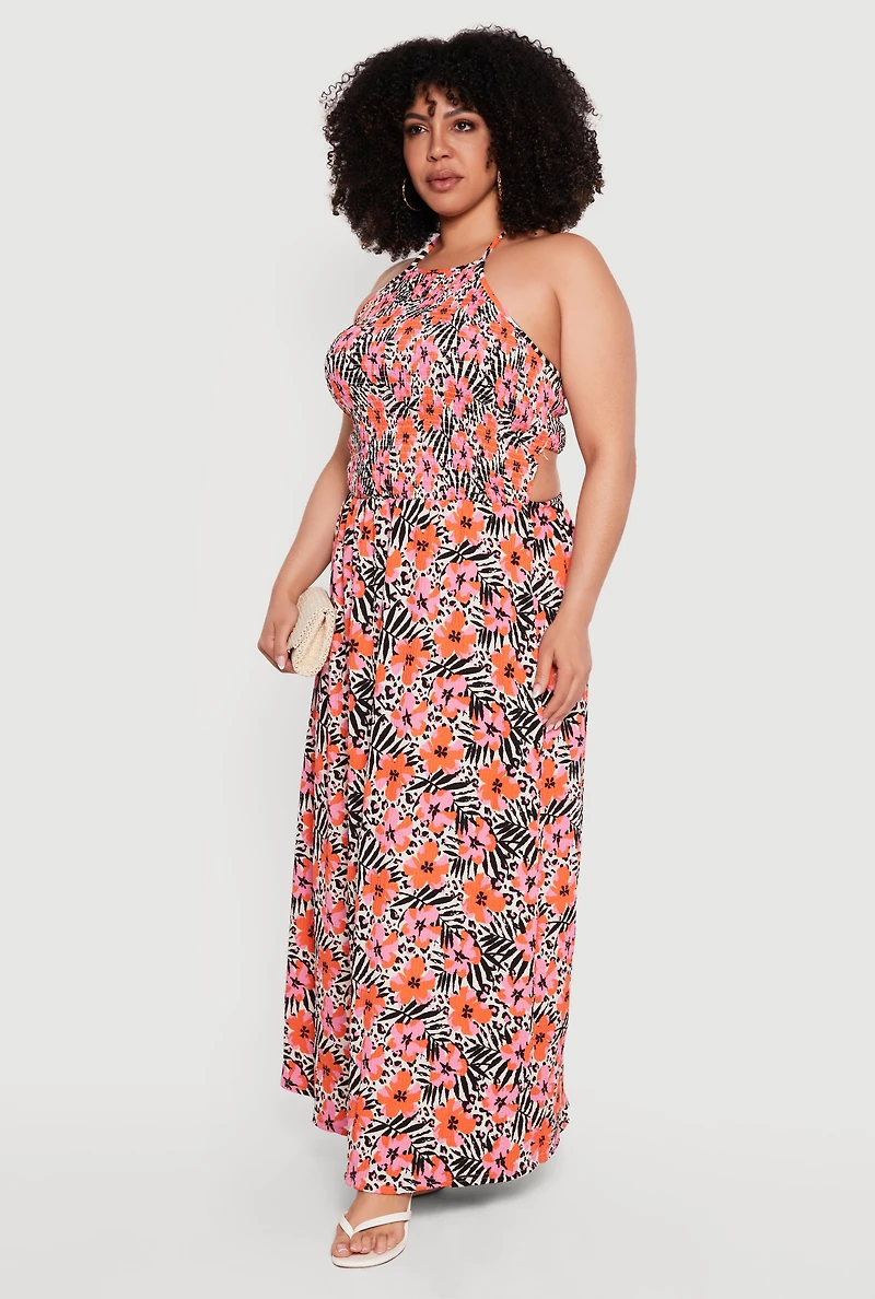 Plus Animal Tropical Floral Print Halter Maxi Dress