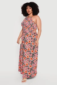 Plus Animal Tropical Floral Print Halter Maxi Dress
