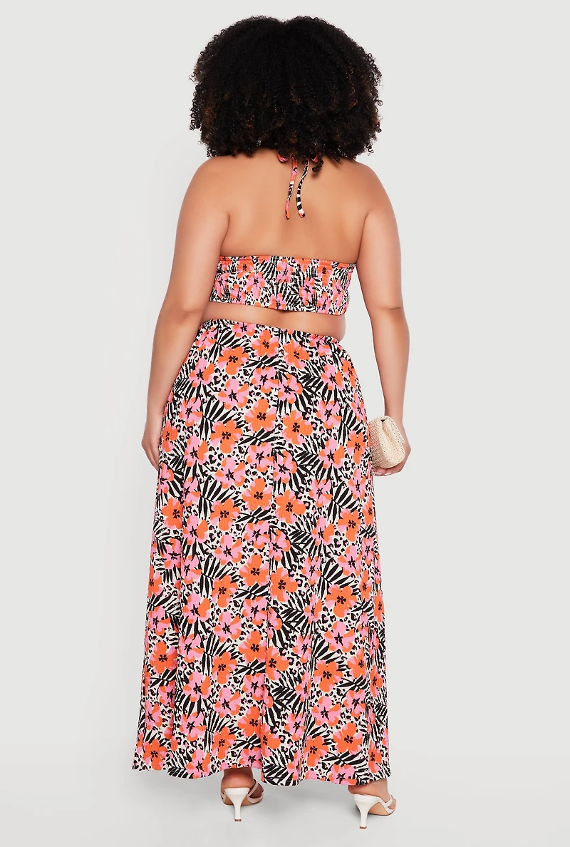 Plus Animal Tropical Floral Print Halter Maxi Dress