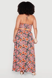 Plus Animal Tropical Floral Print Halter Maxi Dress