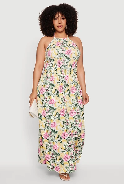 Plus Lemon Floral Print Halter Maxi Dress