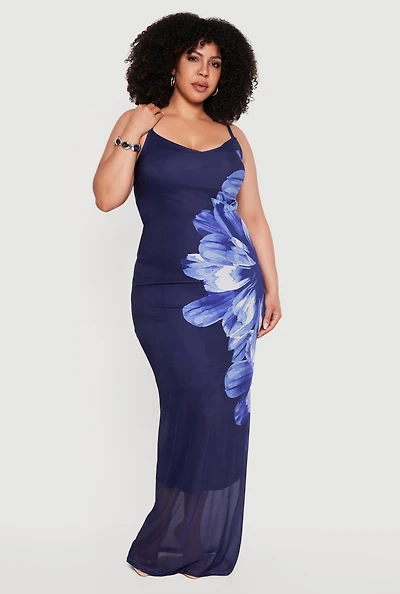 Plus Abstract Floral Mesh Cami Maxi Dress