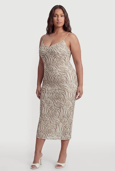 Plus Zebra Print Mesh Cami Dress with Keyhole Back