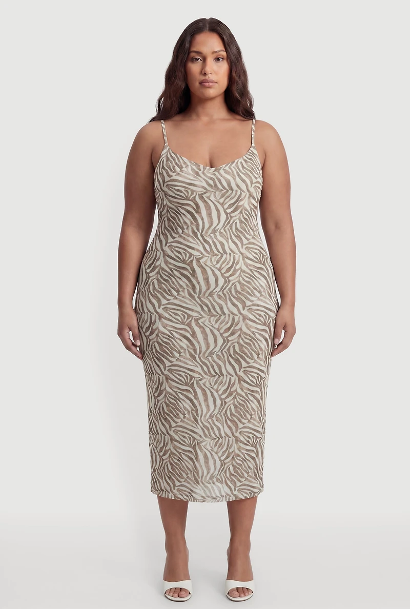Plus Zebra Print Mesh Cami Dress with Keyhole Back