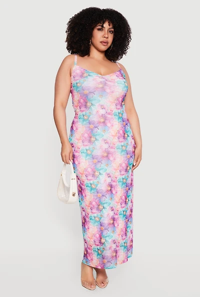 Plus Watercolor Floral Print Mesh Cami Maxi Dress