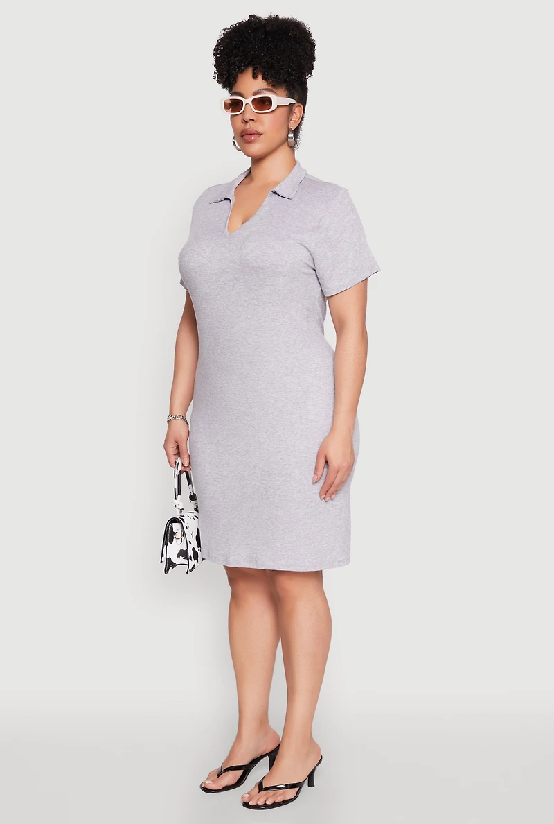 Womens Plus Size Johnny Collar Polo Dress, Grey, Size 2X