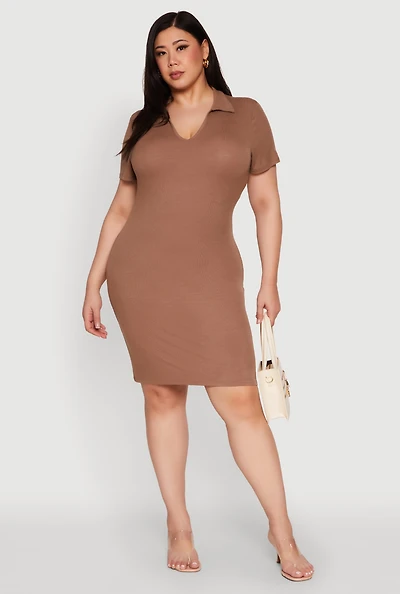 Womens Plus Size Johnny Collar Polo Dress, Brown, Size 1X