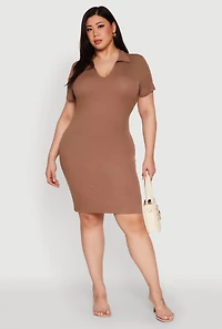 Womens Plus Size Johnny Collar Polo Dress, Brown, Size 1X