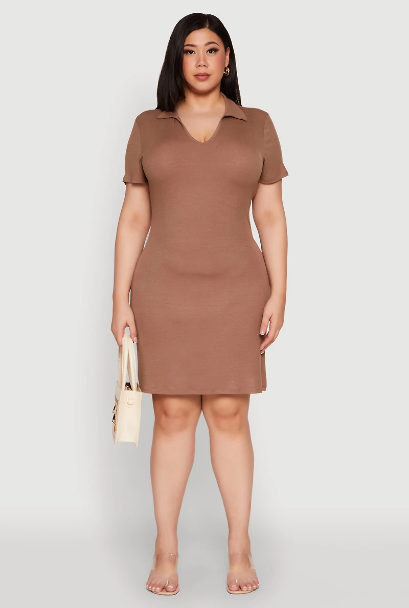 Womens Plus Size Johnny Collar Polo Dress, Brown, Size 1X