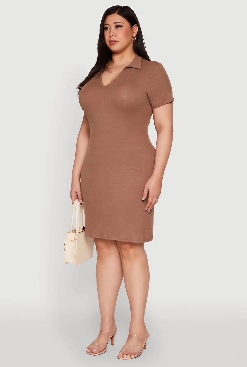 Womens Plus Size Johnny Collar Polo Dress, Brown, Size 1X