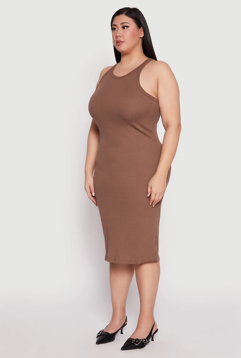 Womens Plus Size Almost Famous Racerback Tank Dress, Brown, Size 3X