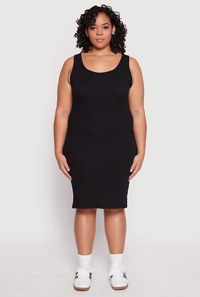 Womens Plus Size Rib Knit Scoop Neck Tank Dress, Black, Size 1X