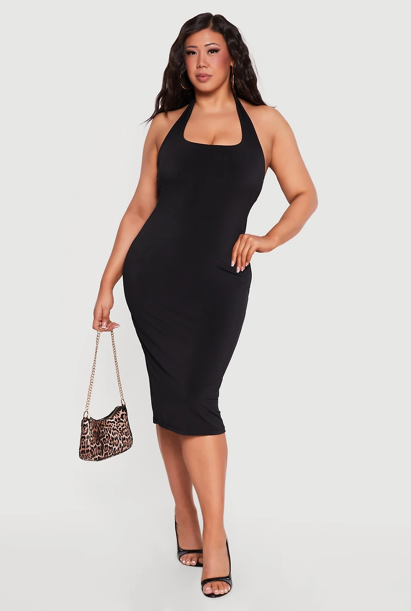 Plus Slit Back Midi Halter Dress