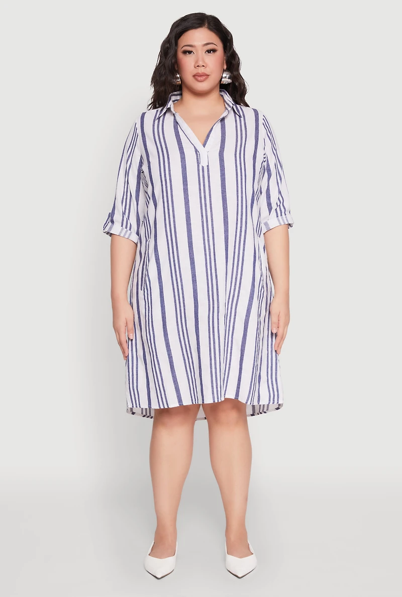 Womens Plus Size Johnny Collar Striped Dress, Blue, Size 2X
