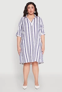 Womens Plus Size Johnny Collar Striped Dress, Blue, Size 2X