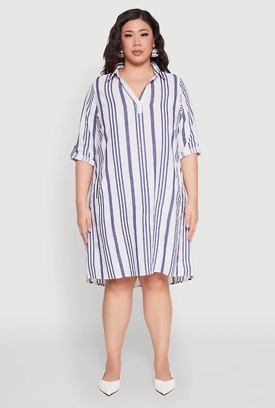 Womens Plus Size Johnny Collar Striped Dress, Blue, Size 1X