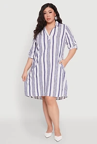 Womens Plus Size Johnny Collar Striped Dress, Blue, Size 2X