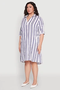 Womens Plus Size Johnny Collar Striped Dress, Blue, Size 2X