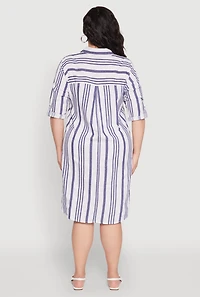 Womens Plus Size Johnny Collar Striped Dress, Blue, Size 2X