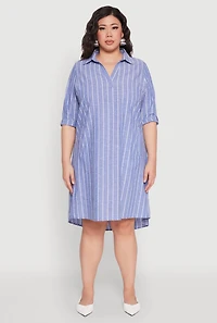 Womens Plus Size Johnny Collar Striped Shirt Dress, Blue, Size 3X