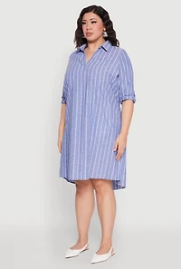 Womens Plus Size Johnny Collar Striped Shirt Dress, Blue, Size 3X