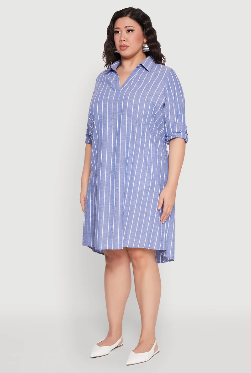 Womens Plus Size Johnny Collar Striped Shirt Dress, Blue, Size 3X