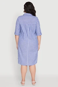 Womens Plus Size Johnny Collar Striped Shirt Dress, Blue, Size 3X