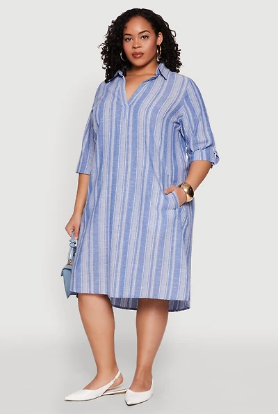 Womens Plus Size Linen Quarter Sleeve Shift Dress, Blue, Size 2X