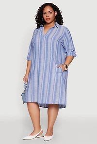 Womens Plus Size Linen Quarter Sleeve Shift Dress, Blue, Size 2X
