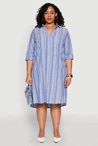 Womens Plus Size Linen Quarter Sleeve Shift Dress, Blue, Size 2X