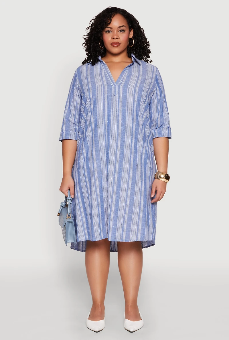 Womens Plus Size Linen Quarter Sleeve Shift Dress, Blue, Size 3X