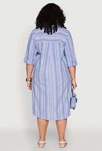 Womens Plus Size Linen Quarter Sleeve Shift Dress, Blue, Size 2X