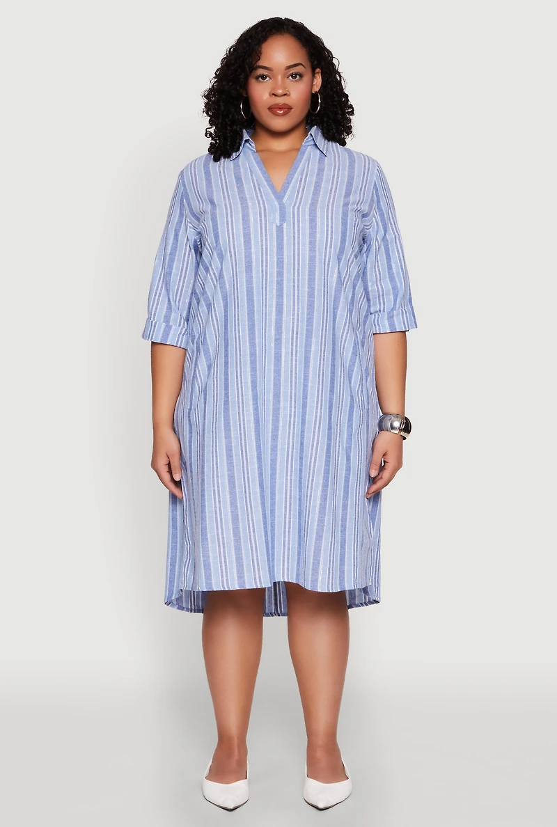 Womens Plus Size Lurex Stripe Quarter Sleeve Shift Dress, Blue, Size 1X