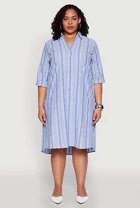 Womens Plus Size Lurex Stripe Quarter Sleeve Shift Dress, Blue, Size 1X