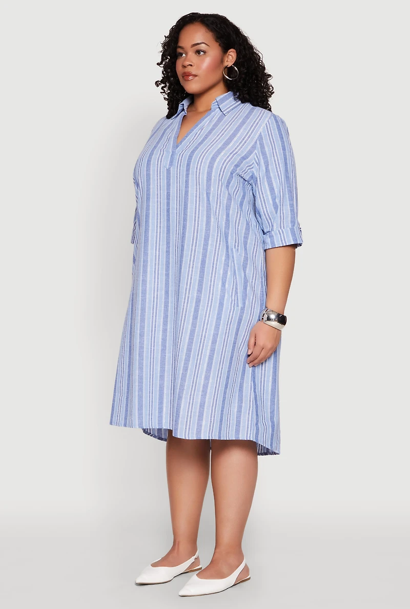 Womens Plus Size Lurex Stripe Quarter Sleeve Shift Dress, Blue, Size 1X