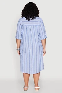 Womens Plus Size Lurex Stripe Quarter Sleeve Shift Dress, Blue, Size 1X