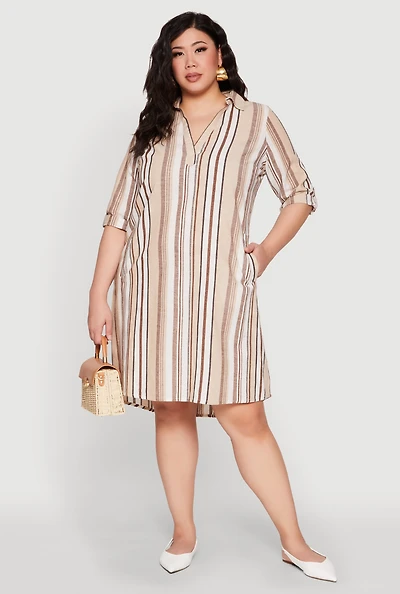 Plus Tabbed Sleeve Striped Dress