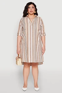 Womens Plus Size Tabbed Sleeve Striped Dress, Multi, Size 2X