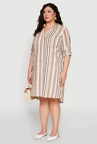 Womens Plus Size Tabbed Sleeve Striped Dress, Multi, Size 2X